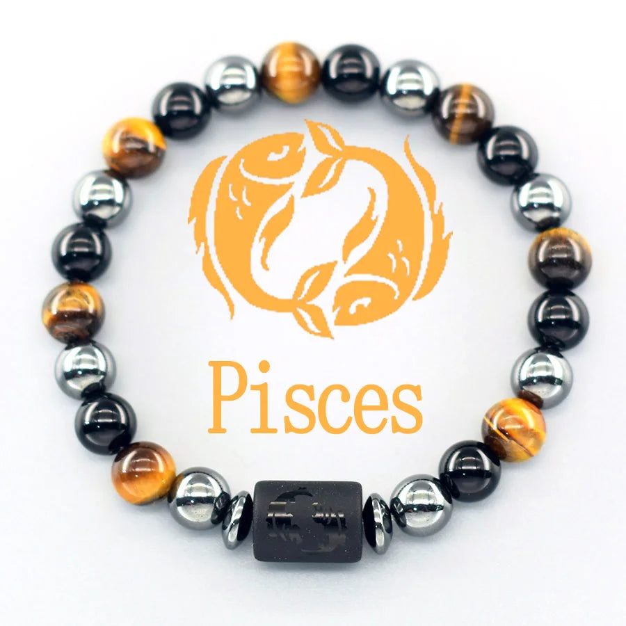 ✨ 12 Zodiac Sign Bracelet Homme – Natural Yellow Tiger Eye Stone & Hematite Constellation Bangle – Cancer, Taurus, Libra Astrology Bracelet for Women 13 Pisces 8 mm Beads