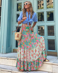 Bohemian A-line Skirt for Women – Loose Ruffle Summer Beach Vacation Skirt with Drawstring – Fashionable Streetwear flowers-05