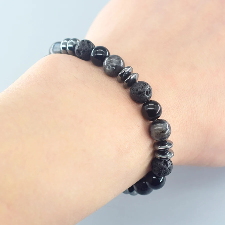 ✨ Classic Black Natural Labradorite & Volcanic Stone Beads Bracelet – Unisex Spiritual Protection and Energetic Balance Jewelry