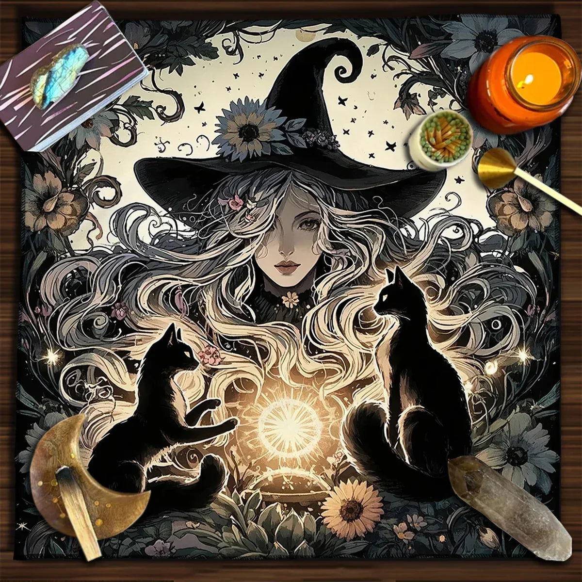 🃏 Witch Autumn Black Cat Tarot Tablecloth – Pentagram Altar Cloth for Divination, Halloween & Witchy Celebration Decor TLB (895)