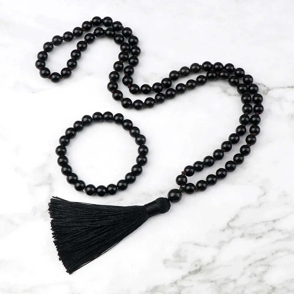 🐯 Natural Tiger Eye Stone Jewelry Set (Necklace & Bracelet): Healing Tassel Pendant & Sweater Chain – Confidence, Wealth & Protection Crystal for Women Bright Black
