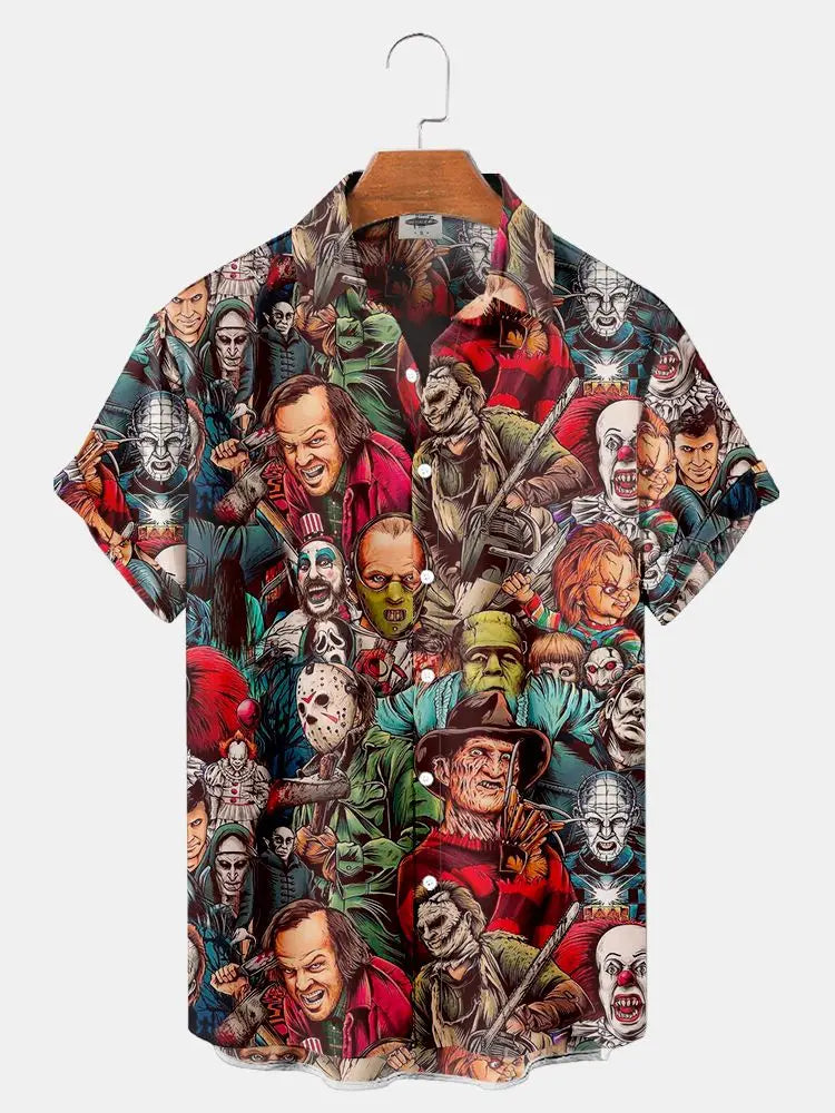 ✨ The Cinematic Nightmare Edition: Premium Men’s Horror Movie 3D Printed Shirt – High-Definition Slasher &amp; Supernatural Graphic, Designer Summer Hawaiian Fit, Breathable Quick-Dry Short-Sleeve, and Sophisticated Urban-Gothic