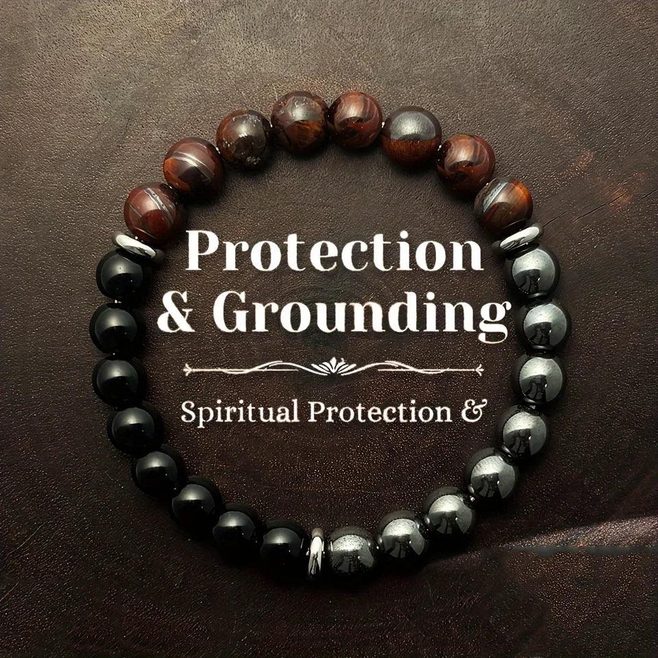 ✨ Handmade Protection and Grounding Bracelet – Red Tiger Eye and Hematite Natural Stone – Spiritual Energy Balance Jewelry 18cm