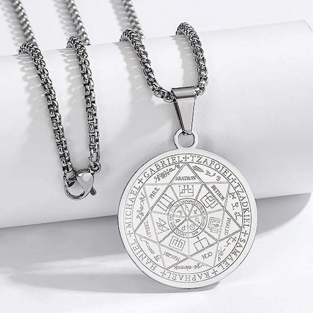 🛡️✨ Supreme 7 Archangels Protection Seal Pendant – Stainless Steel Necklace for Divine Shield & Spiritual Harmony 60cm SILVER