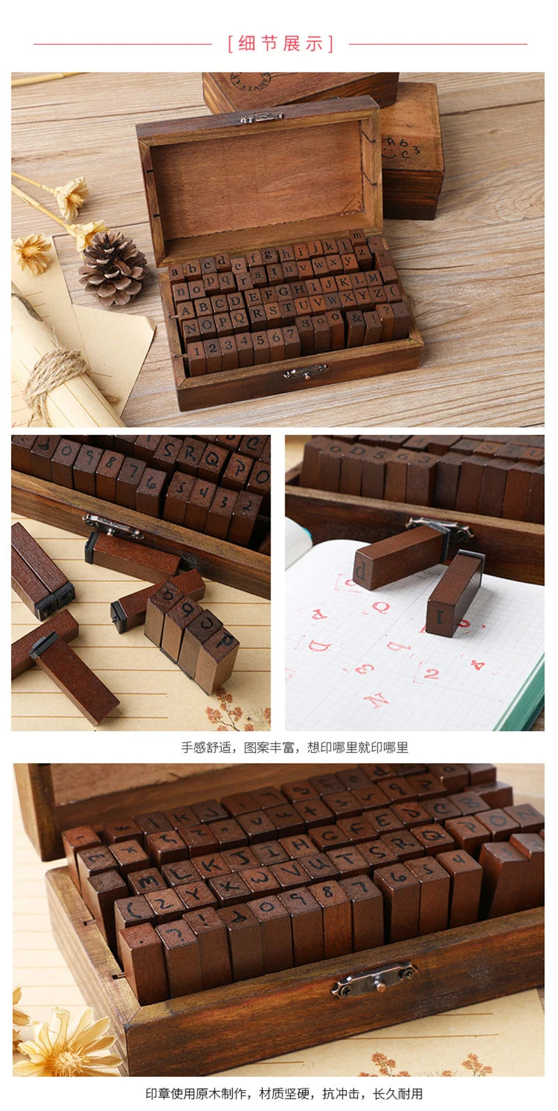 🔤 Wooden Alphabet Letter Stamps Set – Vintage Uppercase & Lowercase Rubber Stamps with DIY Self Ink Pad | Perfect for Diary, Album, Handmade Art & Craft