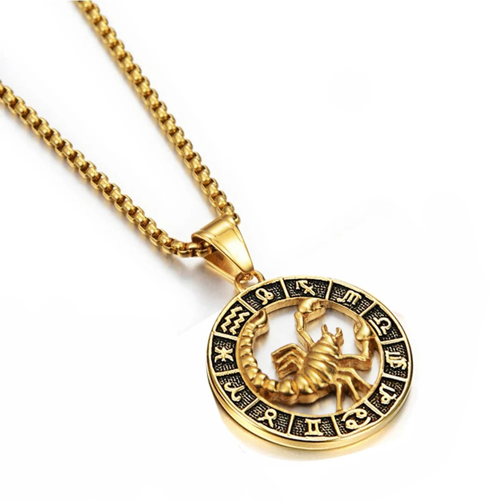 ♌♏ Zodiac Sign Leo Scorpio Pendant Necklace – Gold Color Stainless Steel Round 12 Constellation Design Unisex Astrology Jewelry Stylish Gift for Women and Men Scorpio Gold Color