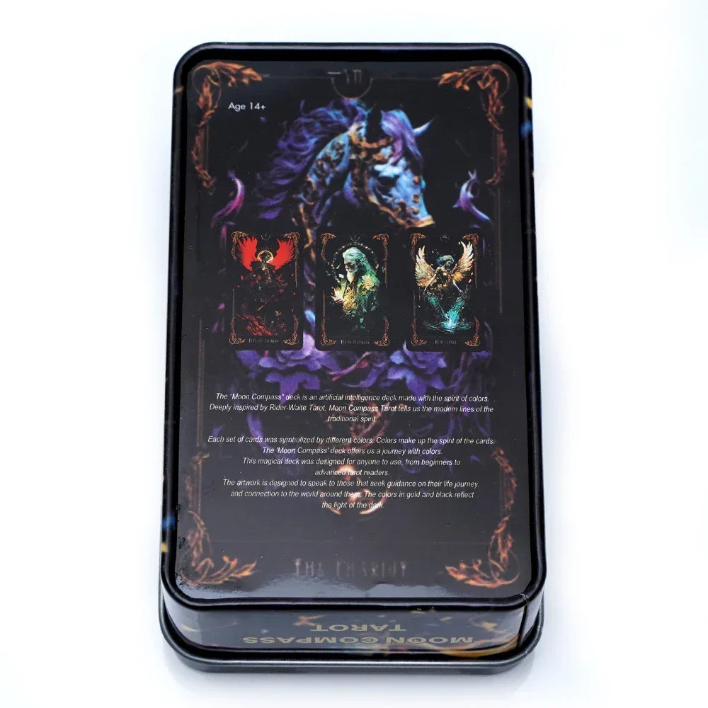 🌙 DMoon Compass Tarot & Del Toro Tarot Deck – 78 Cards | Gilded Edge, Paper Guidebook | Beginner Friendly | Tin Metal Box