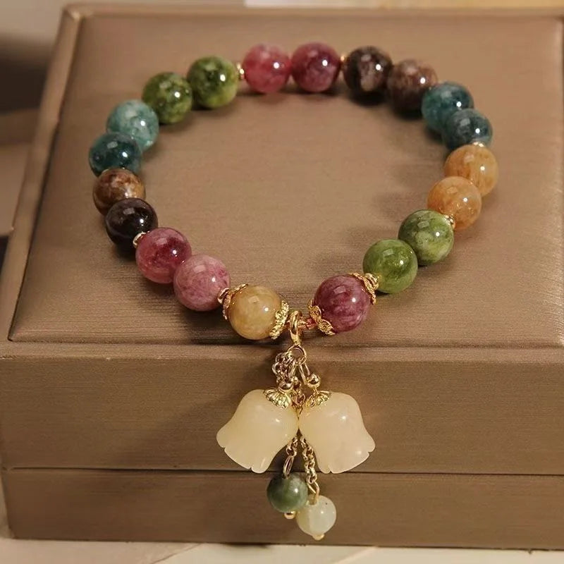 ✨ Tourmaline Crystal Bracelet – Light Luxury Orchid Pendant Beaded Jewelry for Women and Men – Perfect Gift for Elegance and Healing