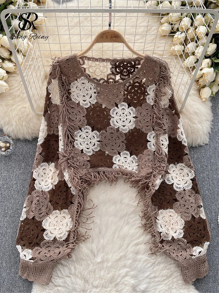 SINGREINY Bohemian Hollow Out Top - Tassels Knit Long Sleeve Blouse with Hook Flower Design for Vintage Y2K Chic Streetwear One Size coffee