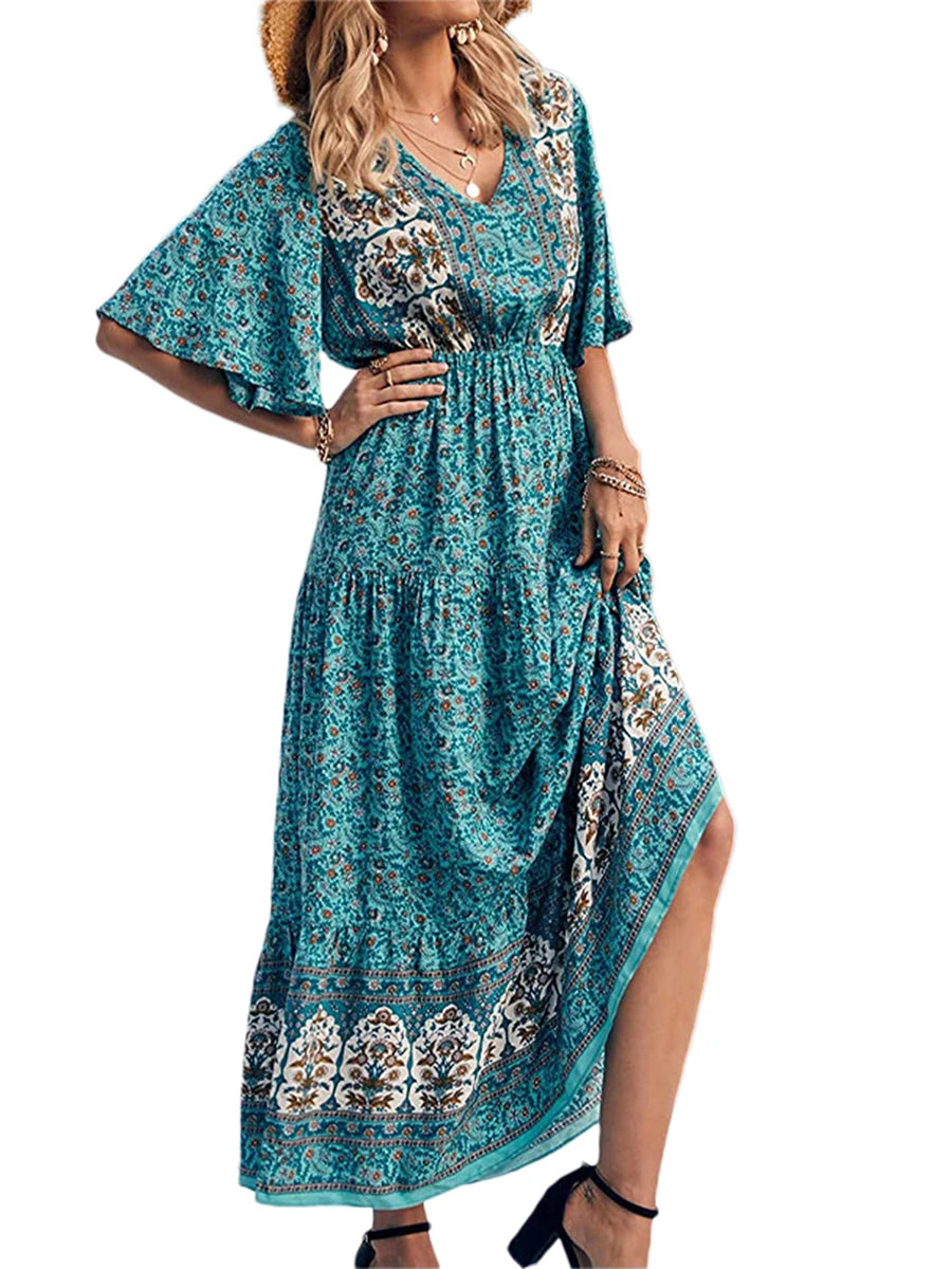 Boho Summer Dress for Women - Fashionable Short Sleeve V Neck Dress in Boho Print for Beach Outings