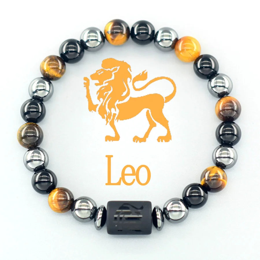 ✨ 12 Zodiac Sign Bracelet Homme – Natural Yellow Tiger Eye Stone & Hematite Constellation Bangle – Cancer, Taurus, Libra Astrology Bracelet for Women 11 Leo 8 mm Beads