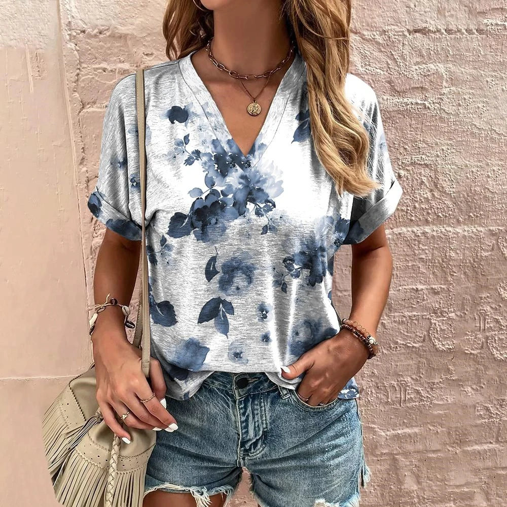 👚 Retro Women’s T-Shirt – Floral Print, Short Sleeve, V-Neck Harajuku Style Casual Blouse