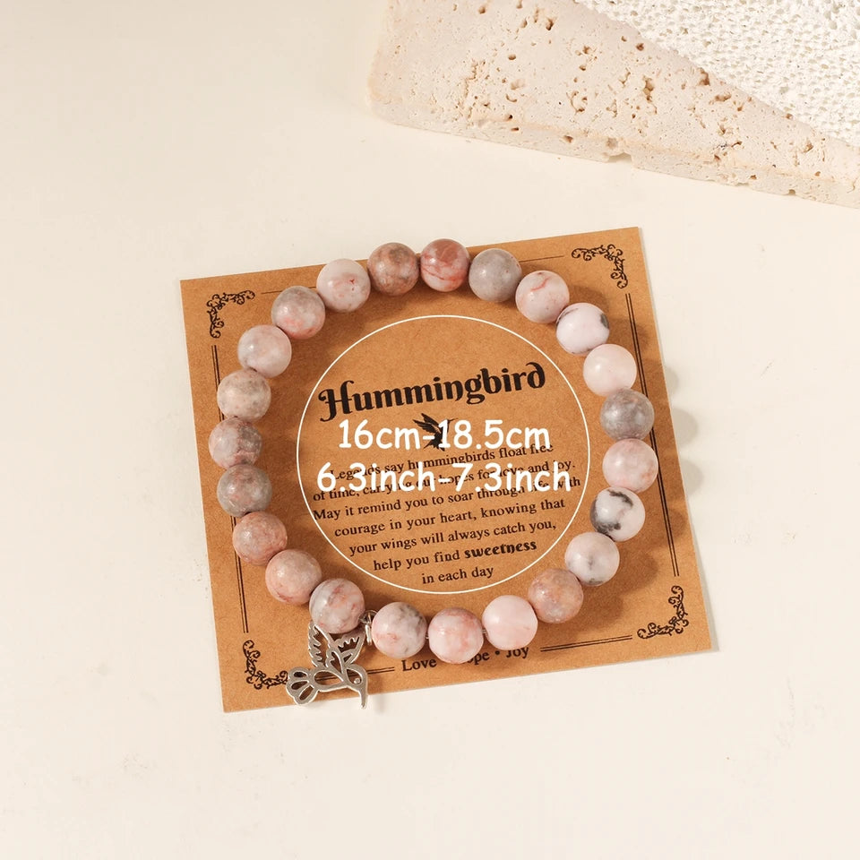 ✨ Cute Pink Zebra Hummingbird Pendant Bracelet – Natural Stone Beads Bangle for Women – Good Luck Jewelry Gift for Girls’ Birthdays