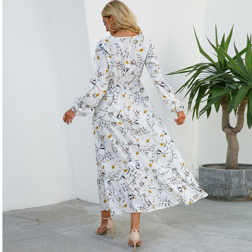 👗 Women’s Bohemian Maxi Dress – Spring Autumn Casual Chiffon Dress with Full Sleeves, High Waist, and Floral Print