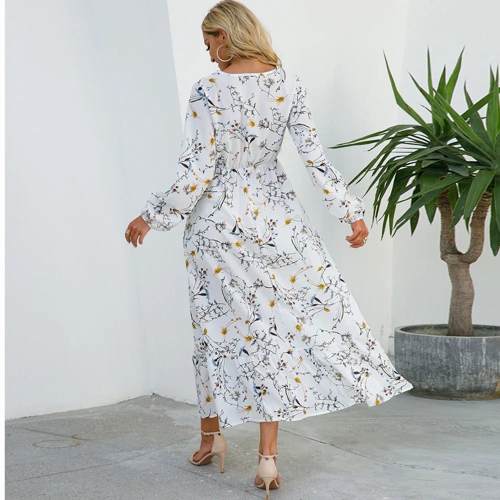 Women’s Bohemian Maxi Dress - Casual Chiffon Dress with Full Sleeves, High Waist, and Floral Print for Spring and Autumn