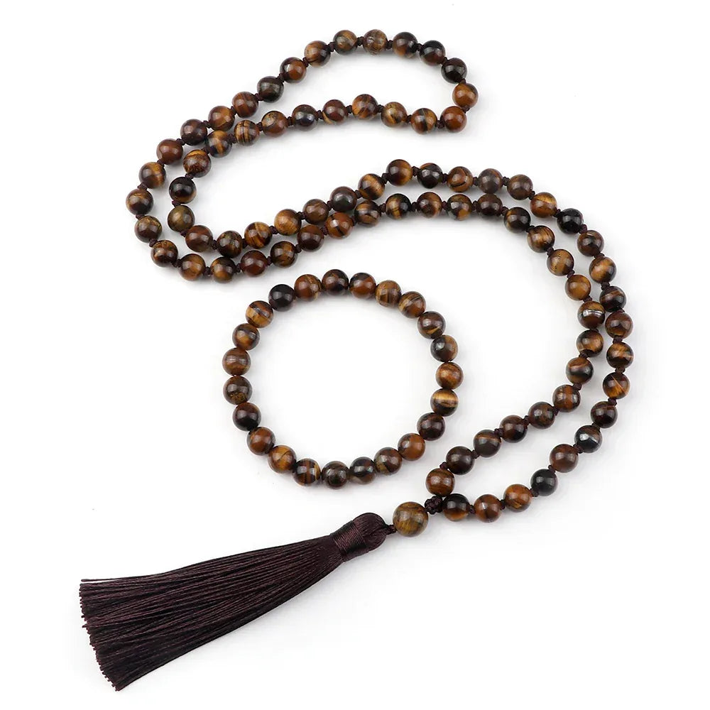🐯 Natural Tiger Eye Stone Jewelry Set (Necklace & Bracelet): Healing Tassel Pendant & Sweater Chain – Confidence, Wealth & Protection Crystal for Women
