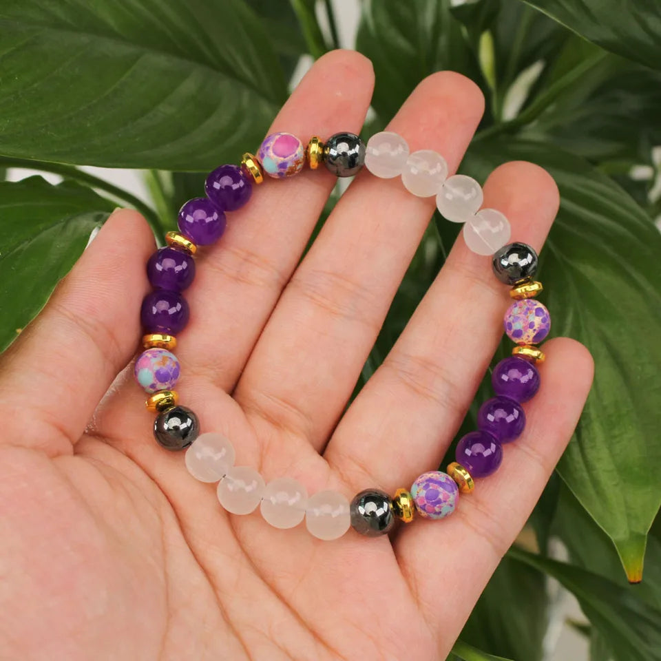 ✨ Elegant Natural Stone Bracelet – Purple Crystal Round Beads for Women – Daily Decoration & Perfect Christmas Gift Jewelry