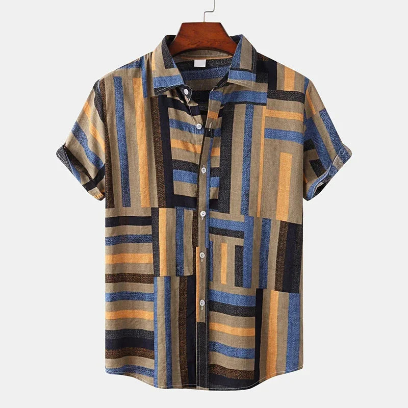 🎨 The Chromatic Patchwork Aloha Masterpiece: Premium Men's Vintage-Style Hawaiian Shirt – High-Definition Colorful Geometric Print, Breathable Short-Sleeve Button-Down, and Signature Loose-Fit Silhouette