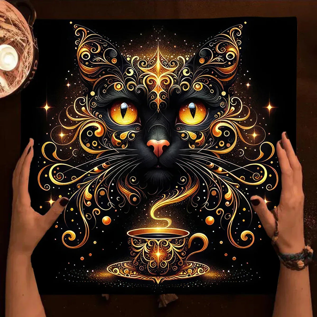 🔮Colorful Mandala Black Cat Altar Cloth – Tarot Tablecloth with Moon & Starry Sky for Witchcraft, Divination & Mystical Home Decor TLB (779)
