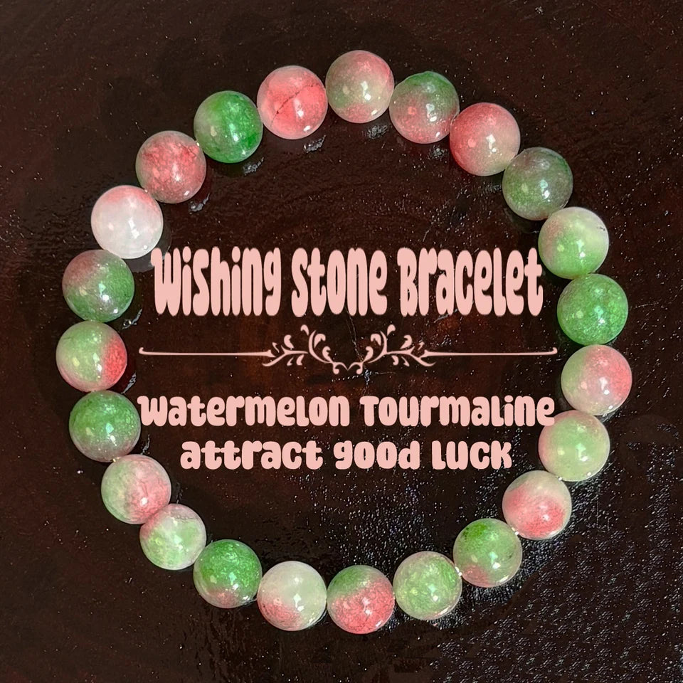 ✨ Bohemian Wishing Stone Bracelet – Watermelon Tourmaline Beaded Stretch Bracelet – Ideal Crystal Jewelry Gift 18cm