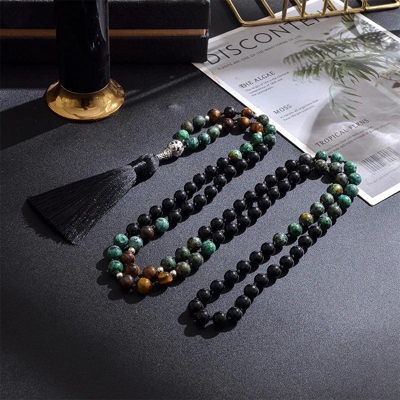 🌿 The "Evolution" 108 Mala: African Turquoise, Tiger Eye & Onyx Knotted Meditation Necklace