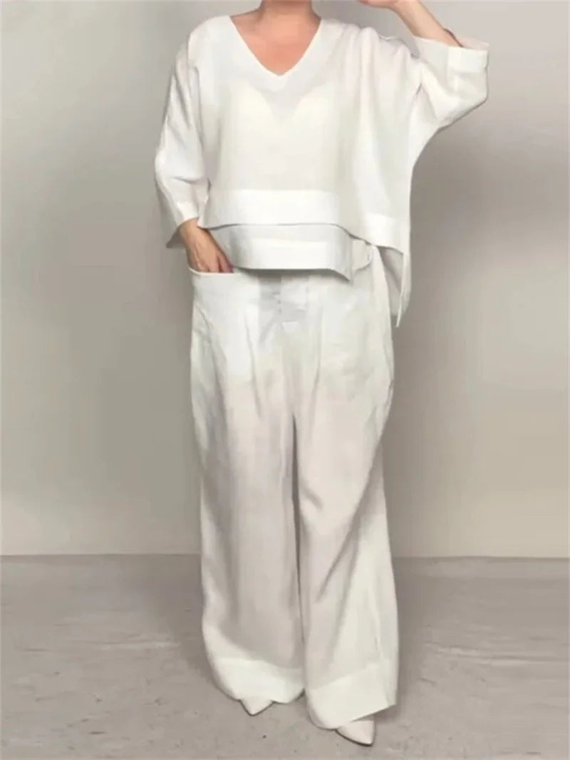 🌿 The Ethereal Asymmetry Set: Premium Women’s 2-Piece Cotton-Linen Ensemble – Avant-Garde Asymmetric Tunic, Three-Quarter Sleeve Comfort, High-Waist Wide-Leg Trousers, and Sophisticated Breathable Summer Lounge Set (S-3XL)