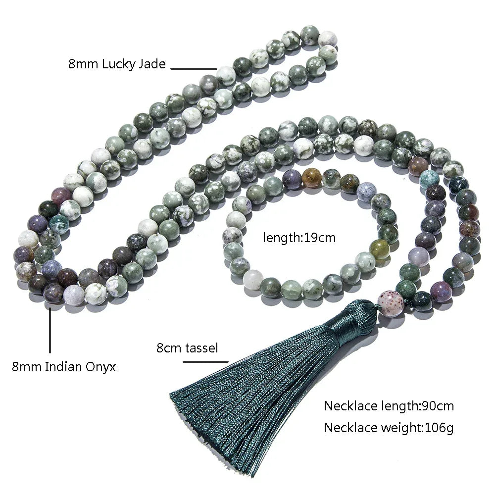 🌿 Sacred Indian Onyx 108 Mala Beads (8mm): The Stone of Strength & Memory – Healing Meditation Necklace, Yoga Prayer Rosary & Japamala Set