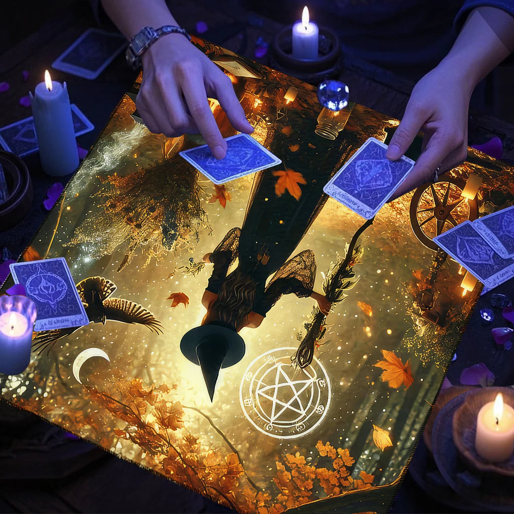🃏 Witch Autumn Black Cat Tarot Tablecloth – Pentagram Altar Cloth for Divination, Halloween & Witchy Celebration Decor