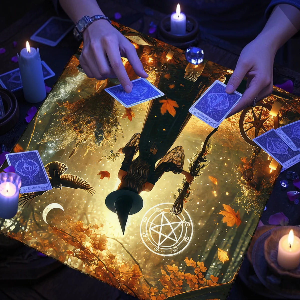 🃏 Witch Autumn Black Cat Tarot Tablecloth – Pentagram Altar Cloth for Divination, Halloween & Witchy Celebration Decor