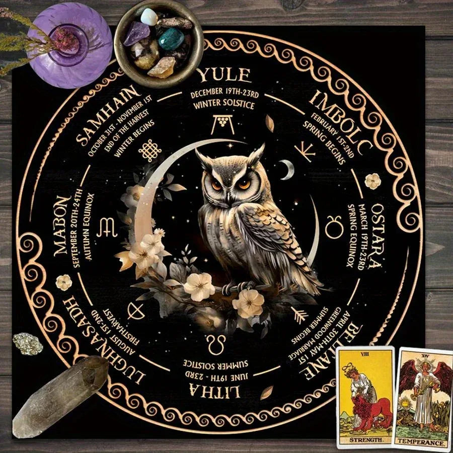 🦉Tarot Tablecloth | Astrology Wheel & Owl Design – Black Boho Witchcraft Dorm Decor with Sun and Moon Symbols