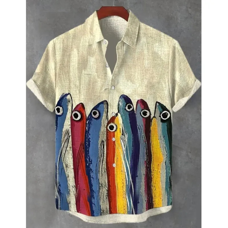 ✨ The Sovereign Zen-Fish Heritage: Premium Men's Cotton-Linen Blend Casual Shirt – Retro 3D Artistic Print, Breathable Short-Sleeve Button-Up (Ropa Casual Para Hombre) with Vintage Tailored Fit