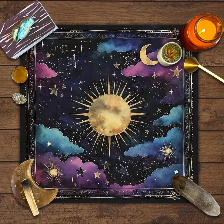 🃏 VIKAMA Astrology Crystal Tablecloth – Black & Gold Sun, Moon, Star & Cloud Altar Cloth for Meditation, Mysticism & Tarot Table Decor