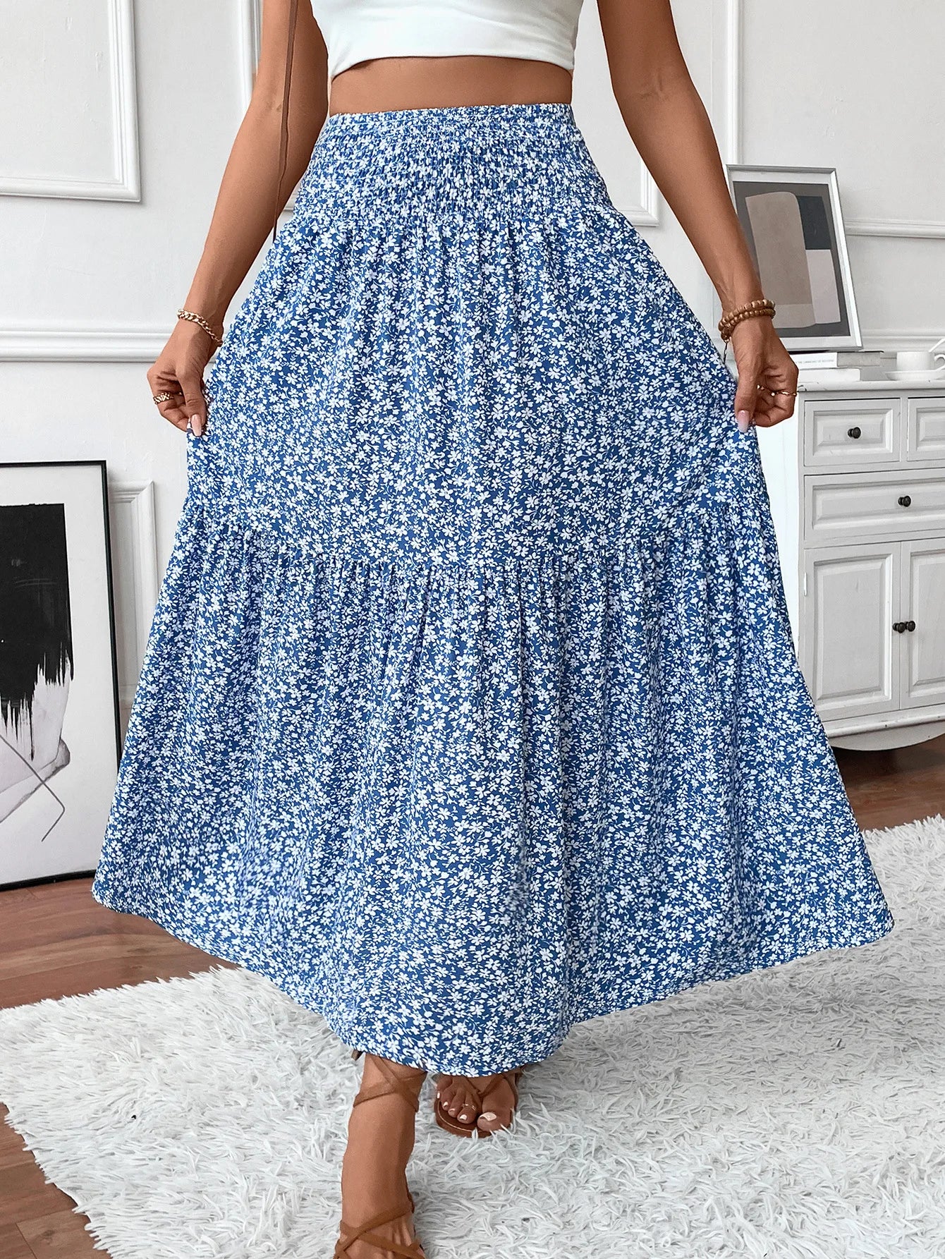 🌟 Women New Classic Printed Skirt Retro High Waist Long Skirt Casual Stylish Loose Beach Skirt Elegant Ladies Floral Pleated Skirt﻿