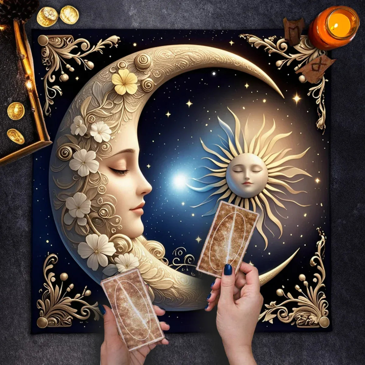 🌞🌙 Floral Tarot Tablecloth | Sun and Moon Altar Cloth – Ceremonial Cloth for Tarot Reading & Oracle Card Mat