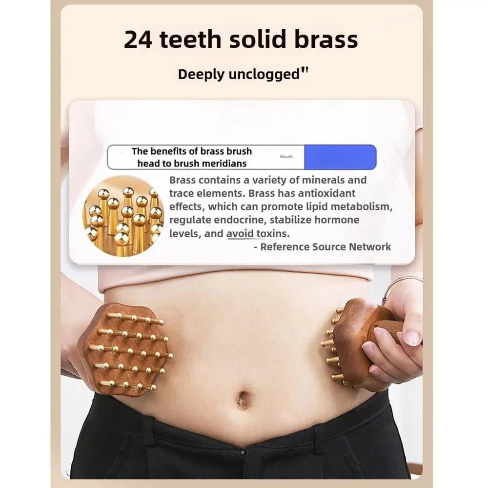 Portable Wood Massage Brush with Copper Head – 24 Teeth Meridian Massager & Body Sculpting Tool﻿