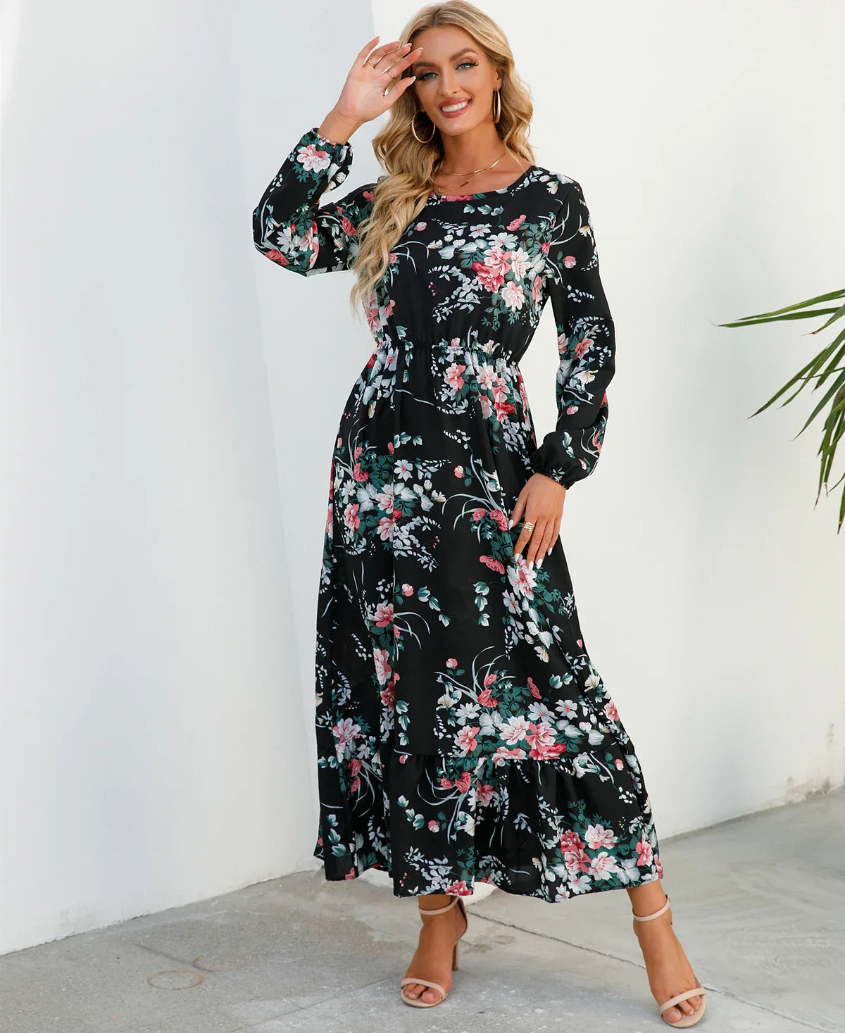 Women’s Bohemian Maxi Dress - Casual Chiffon Dress with Full Sleeves, High Waist, and Floral Print for Spring and Autumn