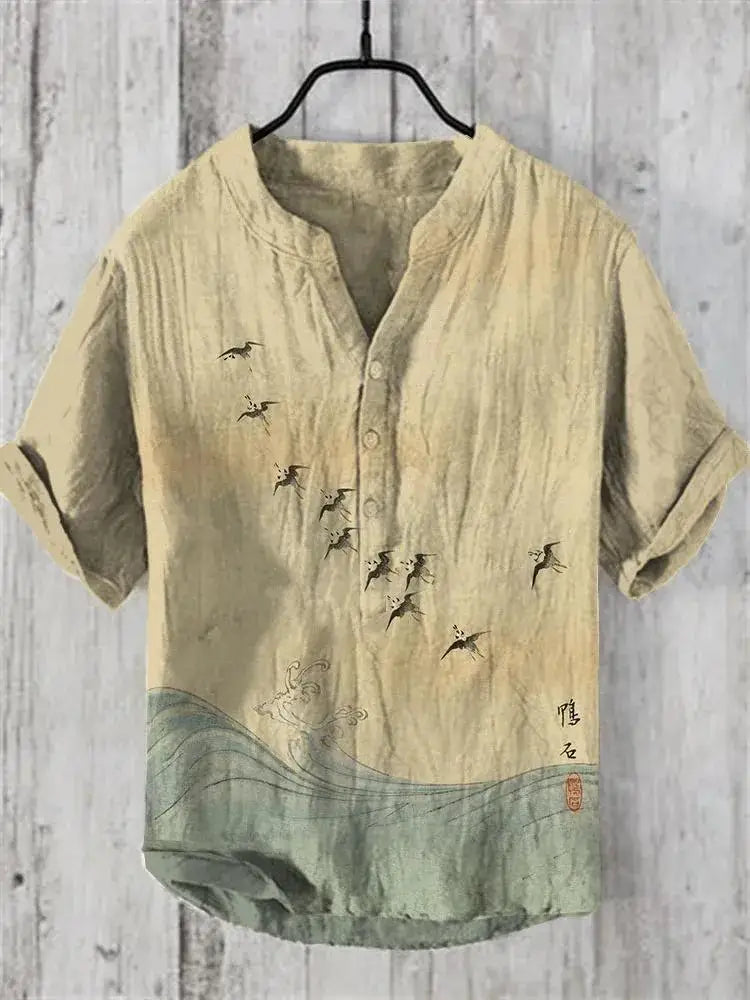🌊 The Euro-Wave Heritage: Premium Men’s Summer Shirt – High-Definition Euro-American Wave Graphic Print, Modern Mandarin Standing Collar, and Sophisticated Urban-Resort Short-Sleeve Button-Down