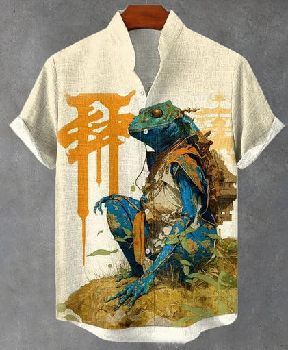 The Bamboo-Zen Anime Edition Premium Unisex Bamboo-Linen V-Neck Shirt - High-Definition Anime Feline Character Print Ultra-Breathable Eco-Fiber Blend Spring Summer Casual Button-Down Apparel
