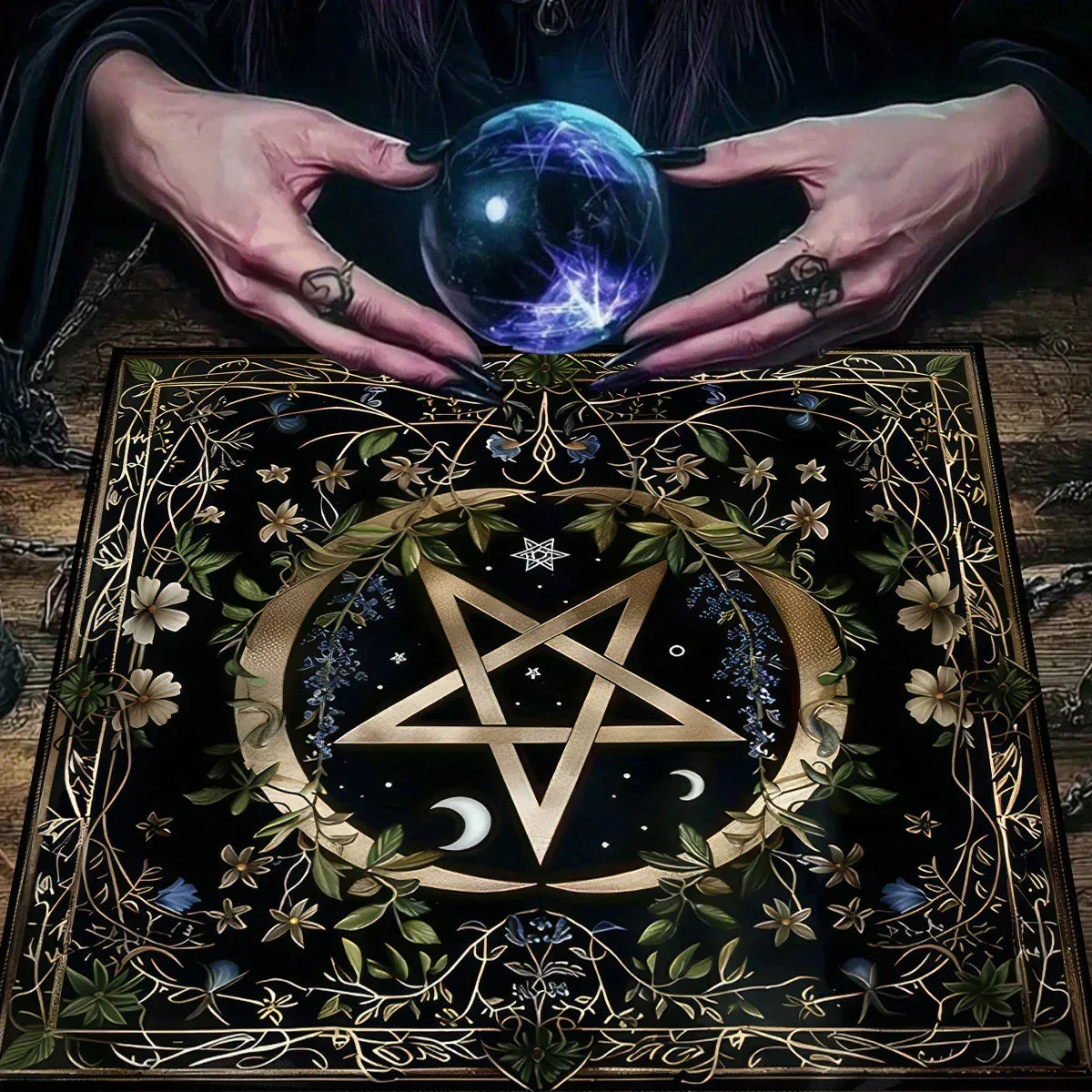 Pentagram Flowers & Plants Tarot Card Tablecloth Polyester Moon Tree of Life Altar Cloth Pagan Starry sky Divination Home Decor TLB (921)