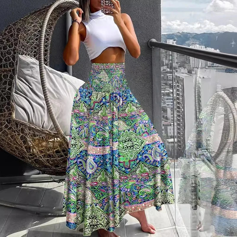 🛍️ Boho Beach Skirt – Vintage Printed Long A-Line Skirt with Elastic High Waist, Big Hem for Women’s Vacation and Spring-Summer Fashion green