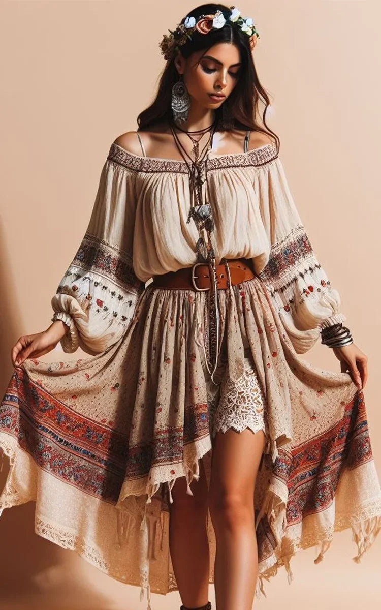 Women's Blouse Bohemian Gypsy Style Vintage Floral Embroidery Tassel Loose Casual Blouse with Retro Print Beach Blouse Tops Apricot