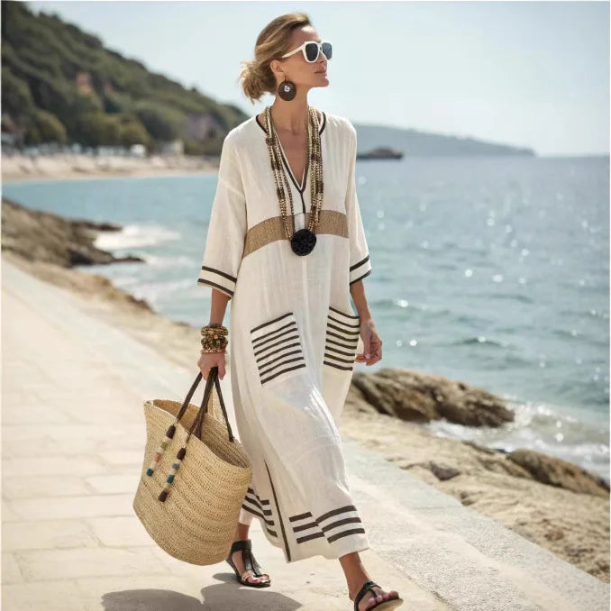 👗 Casual Retro Striped Print Holiday Dress – Boho Beach Style Long Dress with Flare Sleeves and V-Neck Button Design for Women