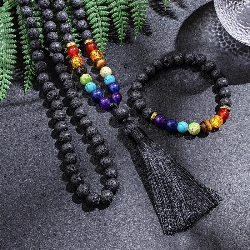🌋 8mm Black Lava Stone & 7 Chakra Healing Mala Necklace (108 Beads) – Aromatherapy Diffuser, Meditation Prayer Beads & Yoga Japamala Rosary Set