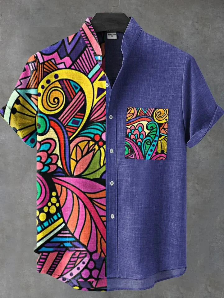 🌿 The Ethno-Luxe Heritage Linen Shirt: Premium Men's Casual Short-Sleeve Top – High-Definition Ethnic Artistic Print, Breathable Organic Cotton-Linen Fabric, and Sophisticated Button-Down Tailoring