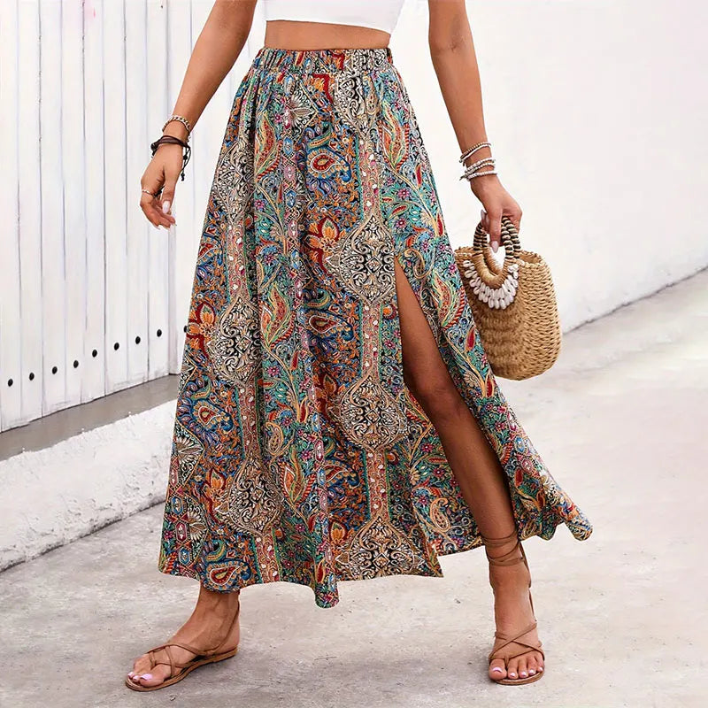 👗Bohemian Boho Retro Floral Print Skirts – Women’s Indie Folk Summer High Waist A-Line Pleated Long Skirts PH2401191