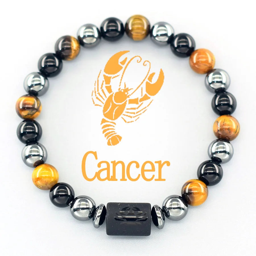 ✨ 12 Zodiac Sign Bracelet Homme – Natural Yellow Tiger Eye Stone & Hematite Constellation Bangle – Cancer, Taurus, Libra Astrology Bracelet for Women 7 Cancer 8 mm Beads