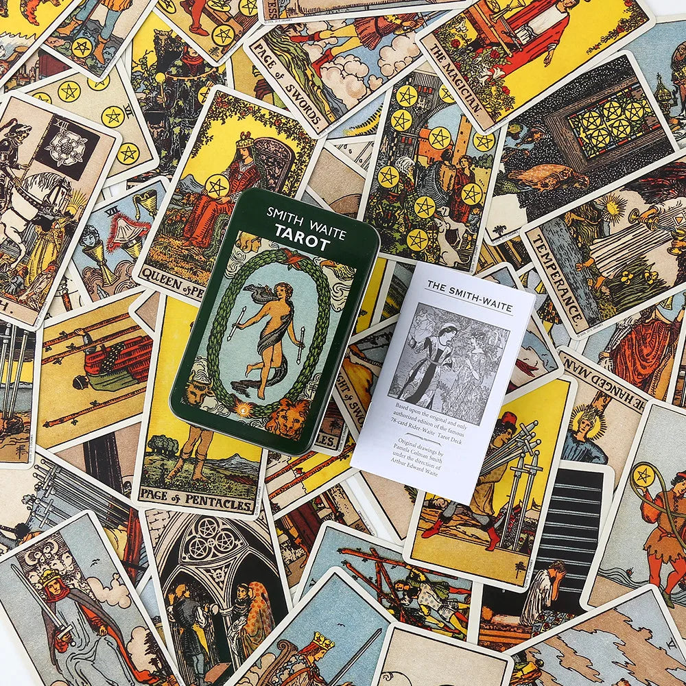 New Hot Tarot Cards – 78-Card Vintage Deck with Green-Plated Edges in Metal Tin Box (10×6 cm) & Paper Manual for Divination Board Games