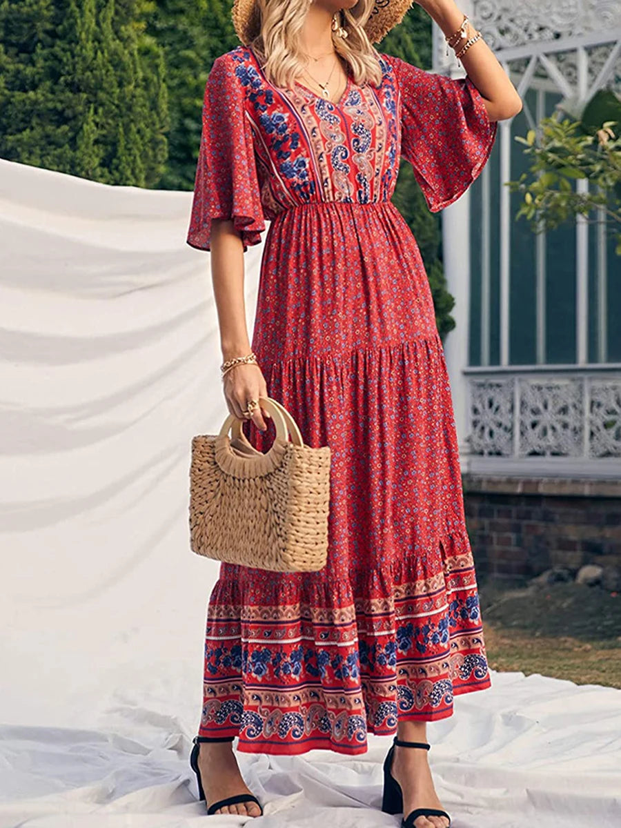 Boho Summer Dress for Women - Fashionable Short Sleeve V Neck Dress in Boho Print for Beach Outings Red