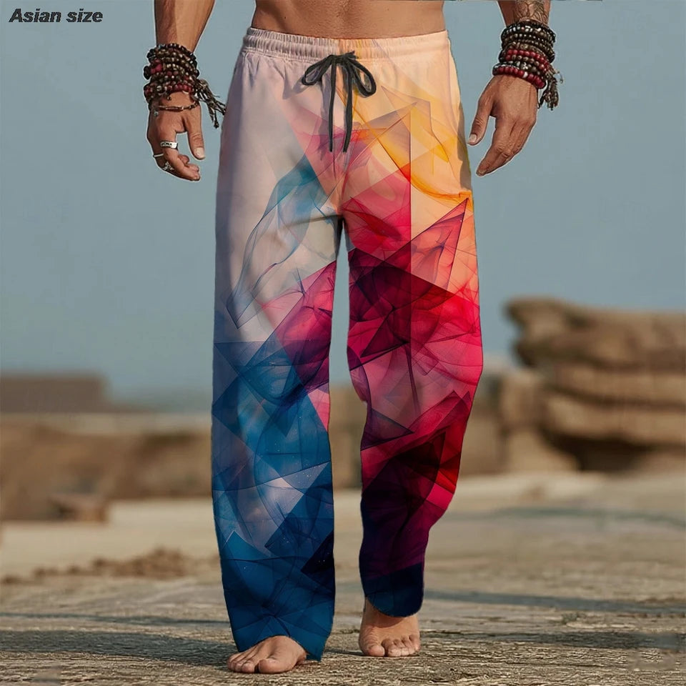 📐 The Geometric Kinetic: Premium Men’s 3D Printed Summer Trousers – High-Definition Optical Geometric Graphic, Breathable Ultra-Light Performance Fabric, and Sophisticated Mid-Waist Elastic Relaxed Fit Holiday Pants