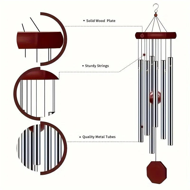 6-Tube Aluminum Metal Wind Chimes with Wooden Ornament – Durable No-Battery Outdoor Garden Decor